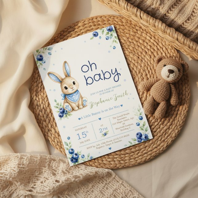 Convite de Chás de Bebê para Menino Blue Bunny Boy (Charming watercolor baby shower invitation featuring an adorable bunny)