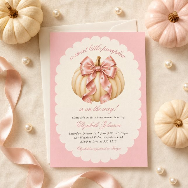 Convite de Chás de Bebê Pequena Abóbora com Laço R (Pink Bow Little Pumpkin Baby Shower Invitation)