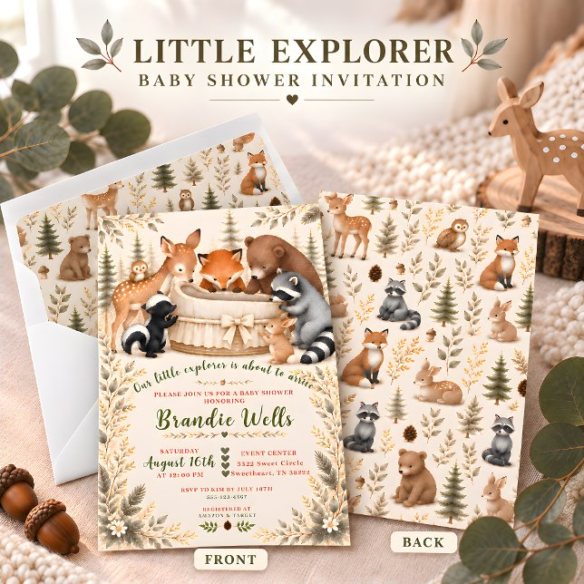 Convite de Chás de Bebê Pequeno Explorador (Little Explorer Woodland Animal Baby Shower Invitation )