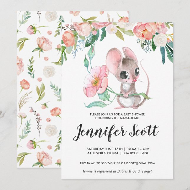 Convite de Chás de Bebê Pequeno Rato Floral (Frente/Verso)