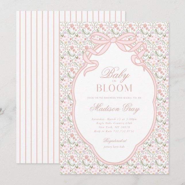 Convite de Chás de Bebê Pink Bow Baby in Bloom (Frente/Verso)