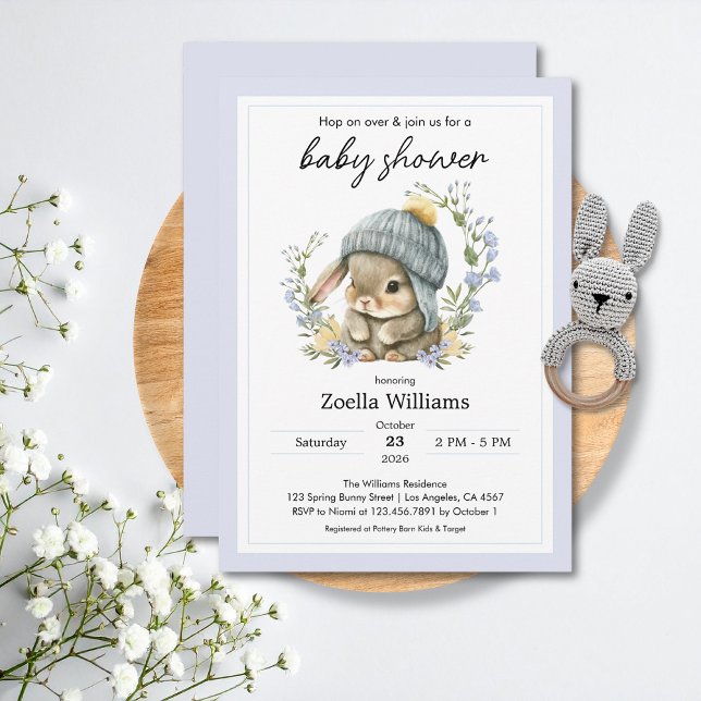 Convite de Chás de Bebê Primavera com Coelhinho Fo (Baby Shower Invitations Watercolor Cute Simple Bunny 3)
