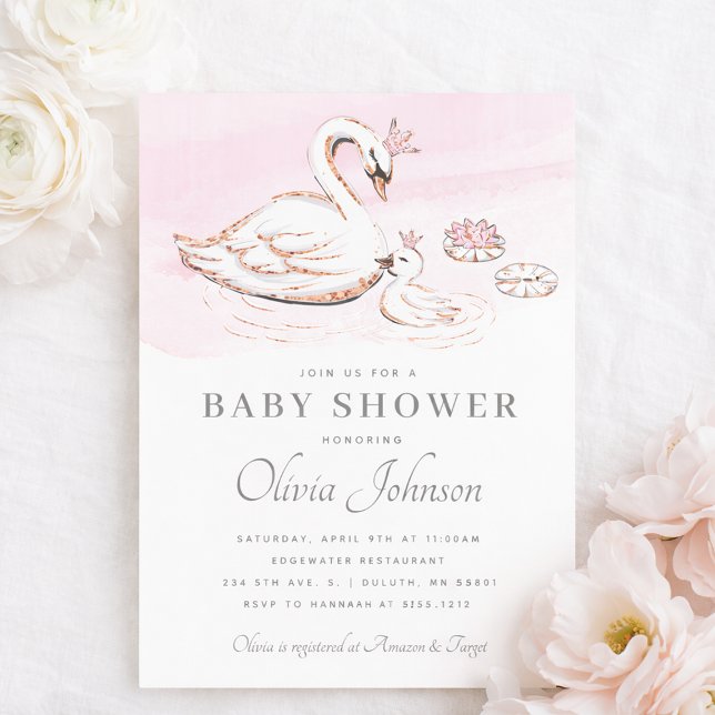 Convite de Chás de Bebê Princesa Cisne Rosa Modern (Modern Pink Princess Swan Baby Shower Invitation)