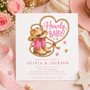 Convite de Chás de Bebê Quadrado Cowgirl Rosa