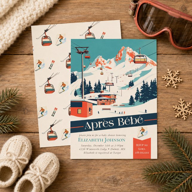 Convite de Chás de Bebê Retro de Esqui Après Bébé (Après Bébé Retro Ski Baby Shower Invitation)
