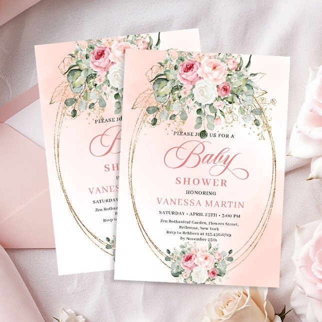Convite de Chás de Bebê Rosa Boho Elegante com Ros (Elegant Boho Blush Roses Gold Baby Shower Invitation)