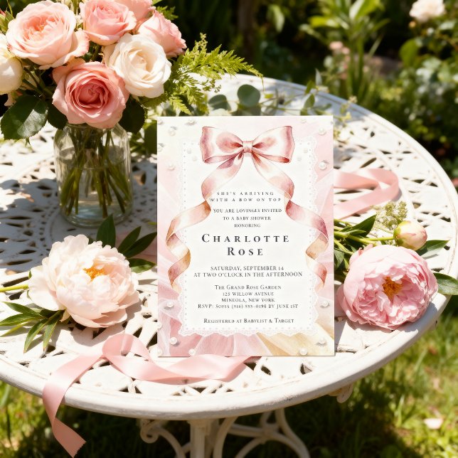 Convite de Chás de Bebê Rosa Coquette com Laço (Criador carregado)