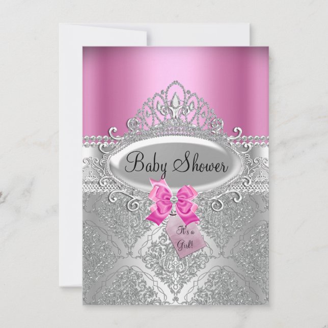 Convite de Chás de Bebê Rosa Tiara & Damask Prata (Frente)