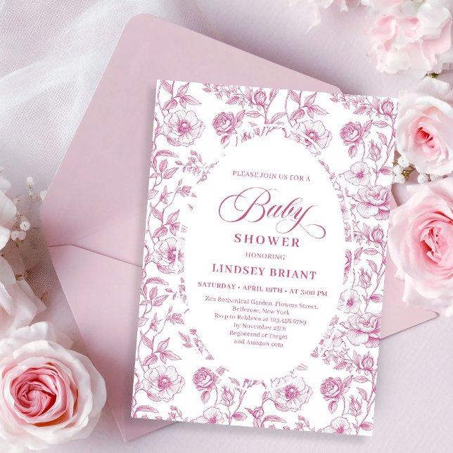 Convite de Chás de Bebê Rosas Toile Francesas Rosa (French Toile Roses Dusty Pink Baby Shower Invitation)
