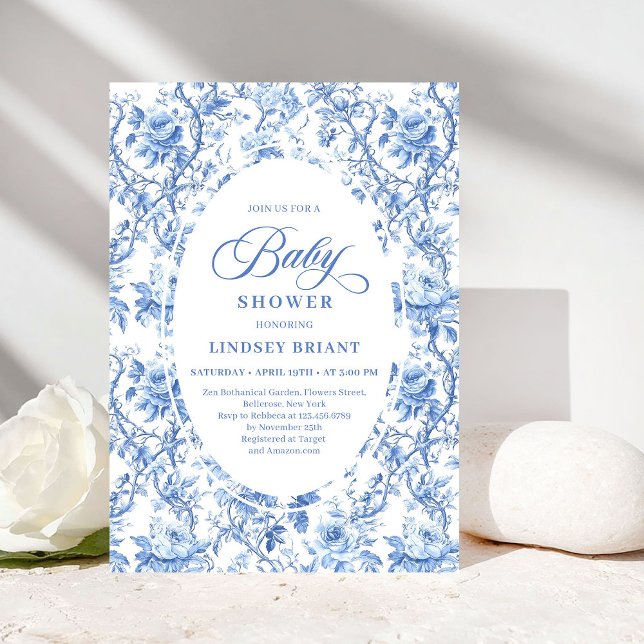 Convite de Chás de Bebê Sofisticado com Toile Rose (Sophisticated Navy Toile Rose Baby Shower Invite)