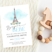 Convite de Chás de Bebê Tema Paris: Bonjour Bébé