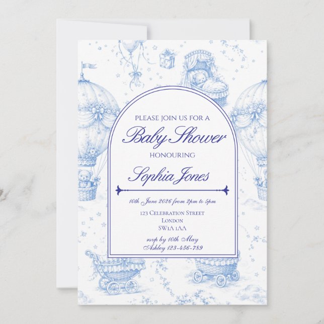 Convite de Chás de Bebê Toile de Jouy Azul (Frente)