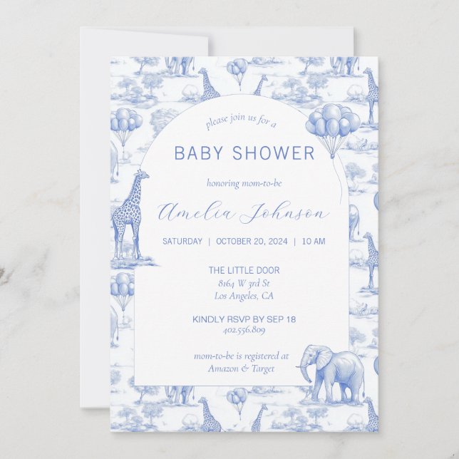 Convite de Chás de Bebê Toile Safari Blue Baby Ani (Frente)