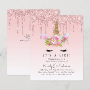 Convite de Chás de Bebê Unicórnio Rosa Meninas Fof