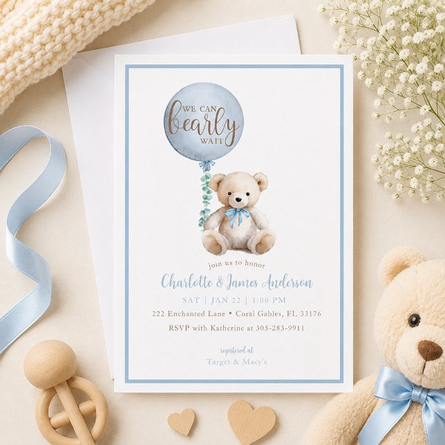 Convite de Chás de Bebê Urso Azul Mal Podemos Espe (Blue Baby shower invite with soft details)
