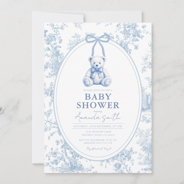 Convite de Chás de Bebê Urso Azul Toile Francesa (Frente)