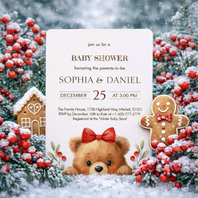 Convite de Chás de Bebê Urso Bebê e Frutas de Rowa (Baby Bear And Rowan Berries Baby Shower Invitation)