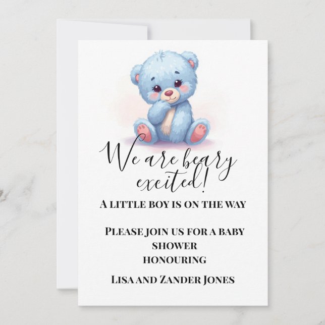 Convite de Chás de Bebê Urso de Pelúcia Azul | Beb (Frente)