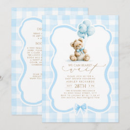 Convite de Chás de Bebê Urso de Pelúcia Azul Xadre