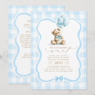 Convite de Chás de Bebê Urso de Pelúcia Azul Xadre