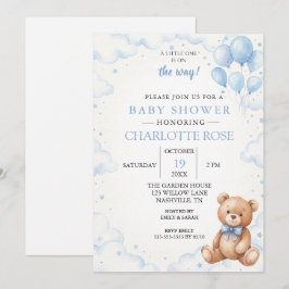 Convite de Chás de Bebê Urso de Pelúcia Balão Azul