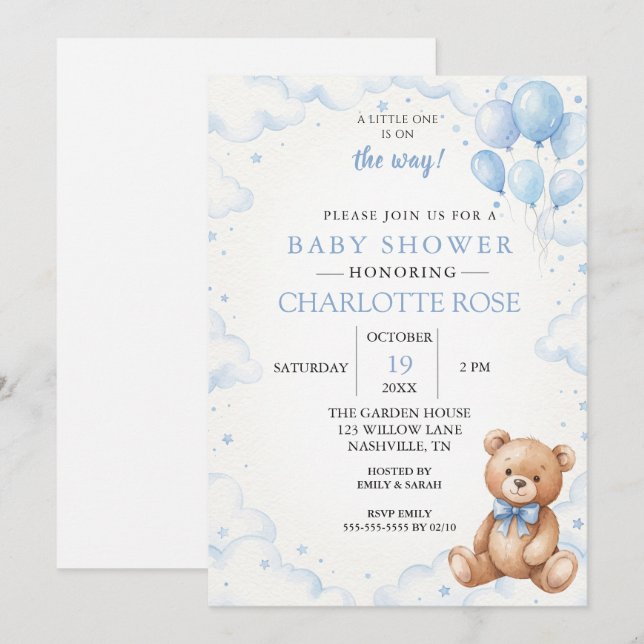 Convite de Chás de Bebê Urso de Pelúcia Balão Azul (Frente/Verso)