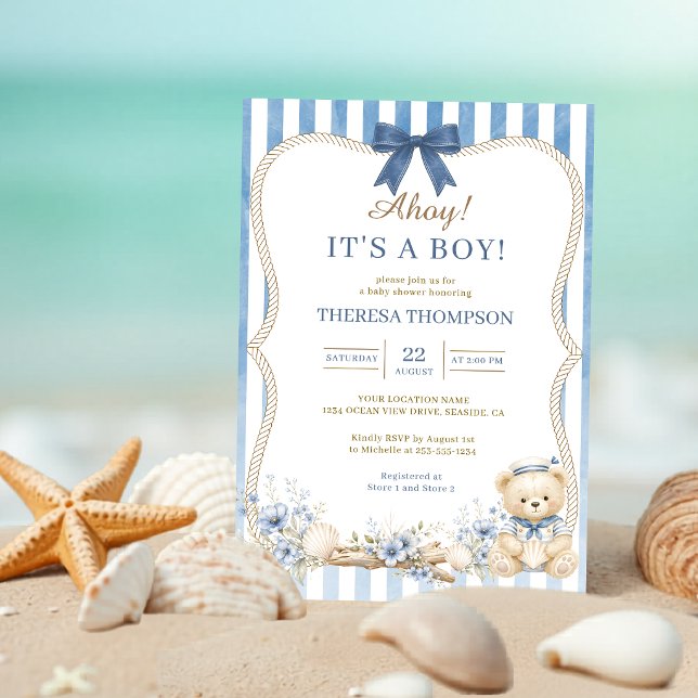Convite de Chás de Bebê Urso Marítimo 'Ahoy É um M (Ahoy It’s a Boy Nautical Teddy Bear Baby Shower Invitation)