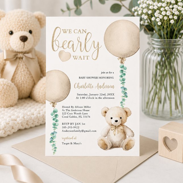 Convite de Chás de Bebê Urso Marrom à Espera (Baby shower invitation with soft elegance)