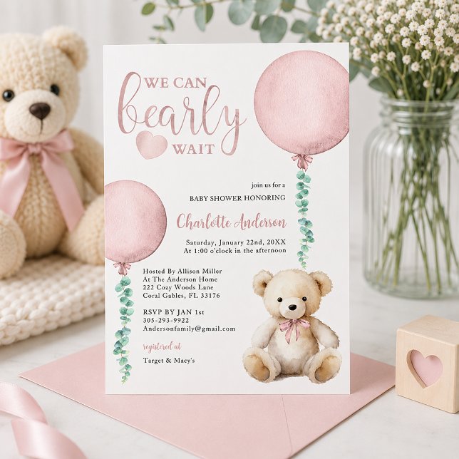 Convite de Chás de Bebê Urso Rosa 'Mal Podemos Esp (Pink Pastel baby shower invitation detail)