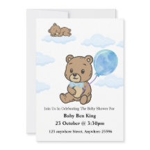 Convite de Chás de Bebê Urso Teddy Azul 