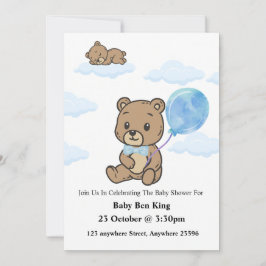 Convite de Chás de Bebê Urso Teddy Azul 