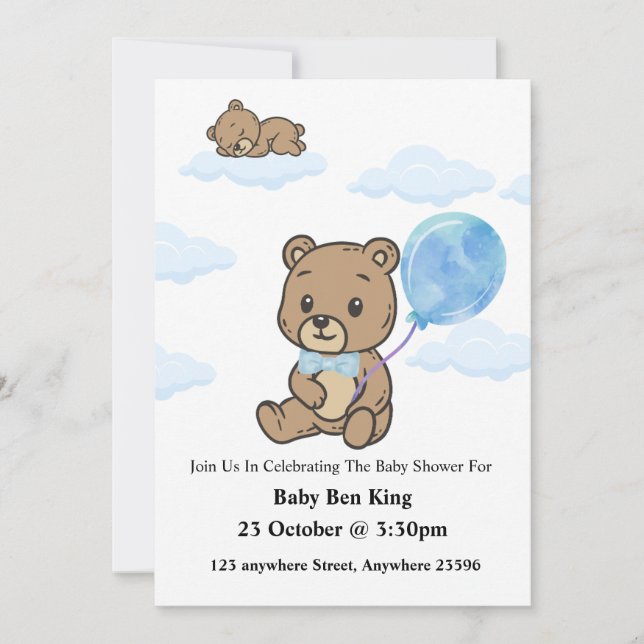 Convite de Chás de Bebê Urso Teddy Azul  (Frente)