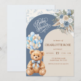 Convite de Chás de Bebê Urso Teddy Azul Desbotado