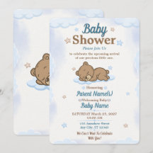 Convite de Chás de Bebê Urso Teddy Azul Editável