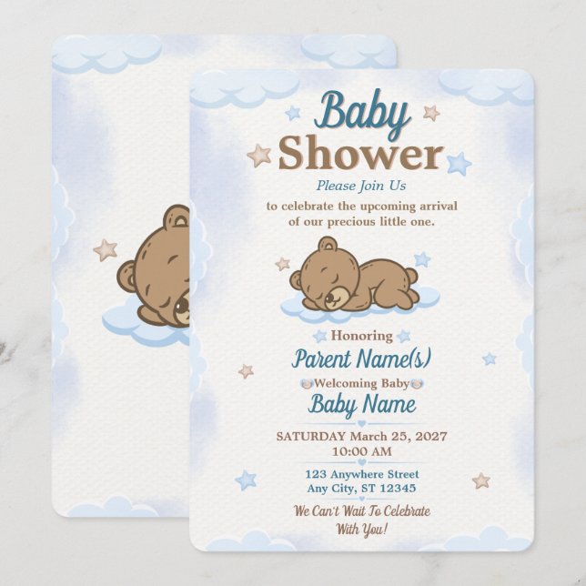 Convite de Chás de Bebê Urso Teddy Azul Editável (Frente/Verso)