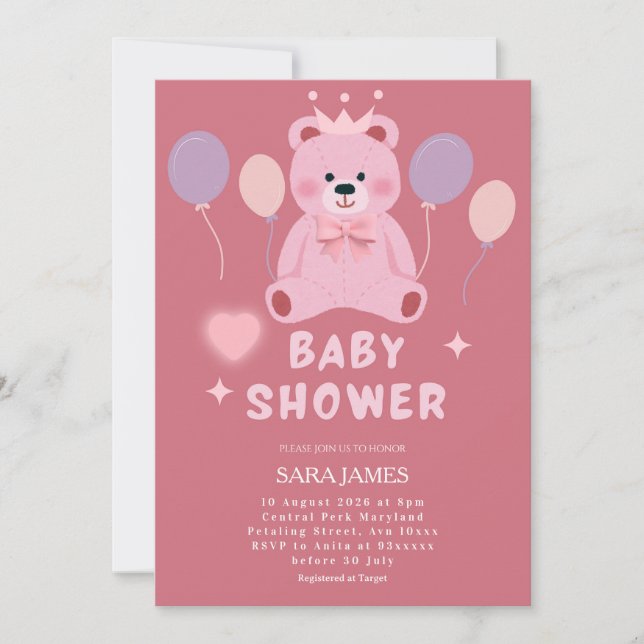 Convite de Chás de Bebê Urso Teddy Doce (Frente)