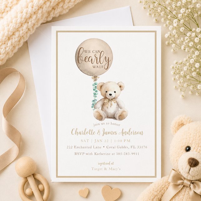 Convite de Chás de Bebê Urso Teddy Marrom à Espera (Neutral Baby shower invite with soft details)