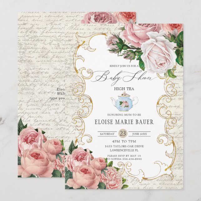 Convite de Chás de Bebê Vintage Rosas Francesas Sh (Frente/Verso)