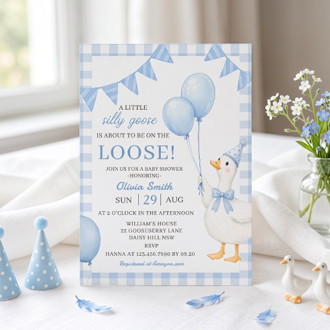 Convite de Chás de Bebê Xadrez Azul Silly Goose (Criador carregado)