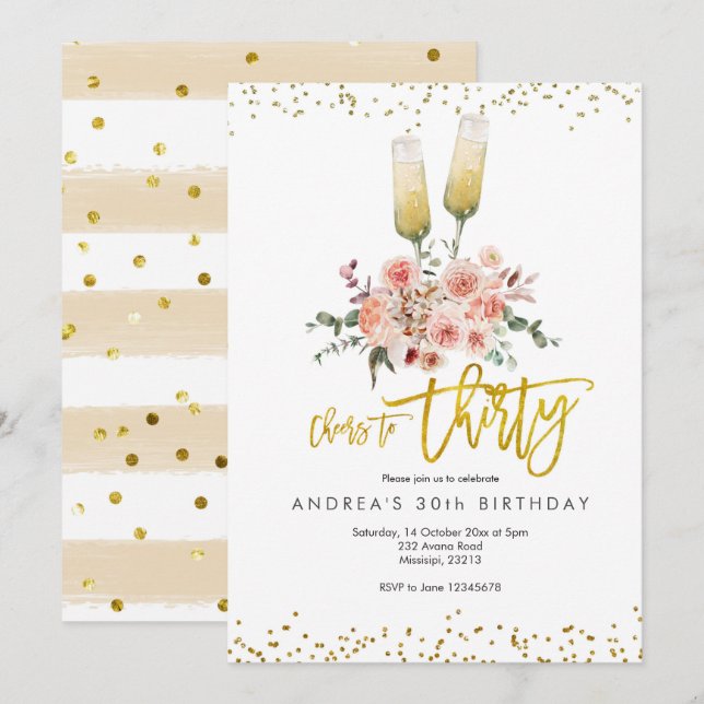 Convite de Cheers para Trinta Moderno Dourado (Frente/Verso)
