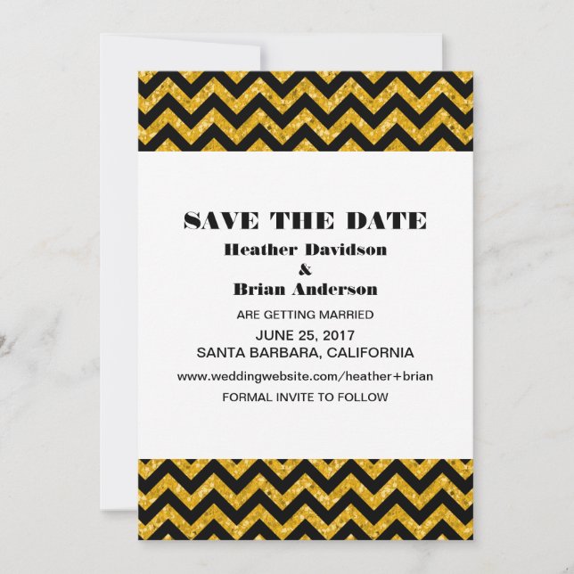 Convite de Chevron Glitter Save the Date, Amarelo (Frente)