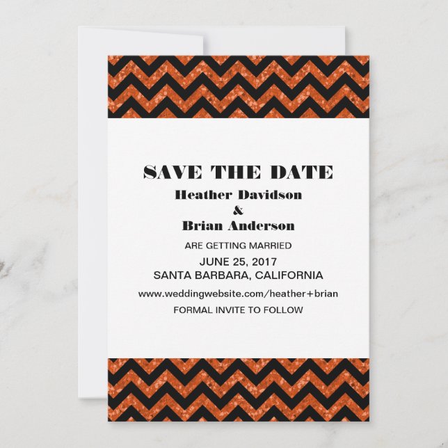 Convite de Chevron Glitter Save the Date, Laranja (Frente)