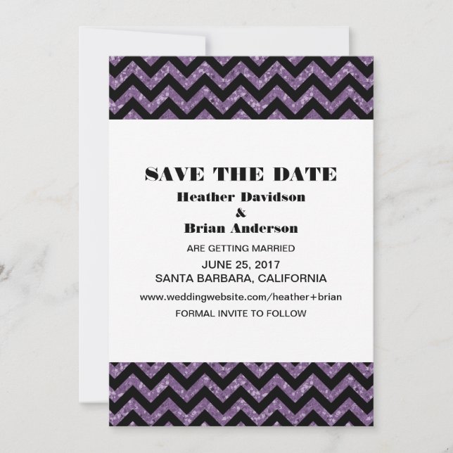 Convite de Chevron Glitter Save the Date, Roxo (Frente)