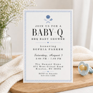 Convite de Churrasco Baby-Q de Xadrez Azul para Ch