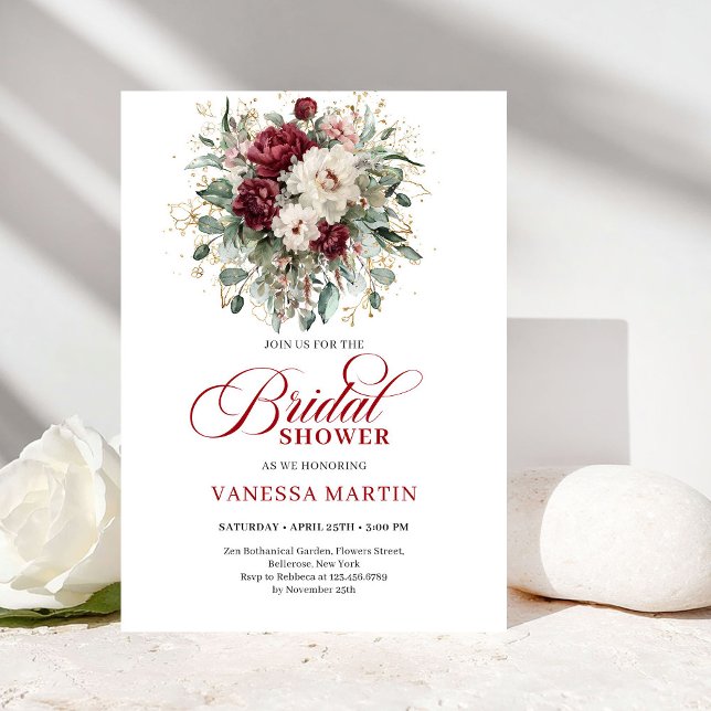 Convite de Churrasco Botânico Burgundy Elegante (Stylish Burgundy Botanical Bridal Shower Invitation)