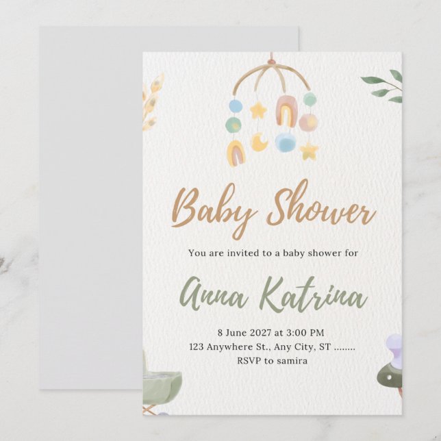 Convite de Churrasco de Bebê Água-forte Boho Neutr (Frente/Verso)