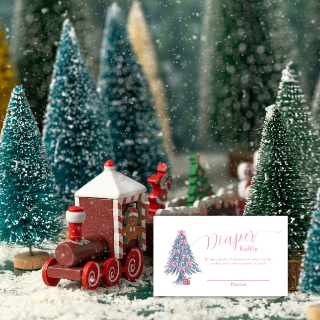 Convite de Churrasco de Bebê Árvore de Natal com L (Pink Bow Christmas Tree Diaper Raffle Baby Shower Enclosure Card)