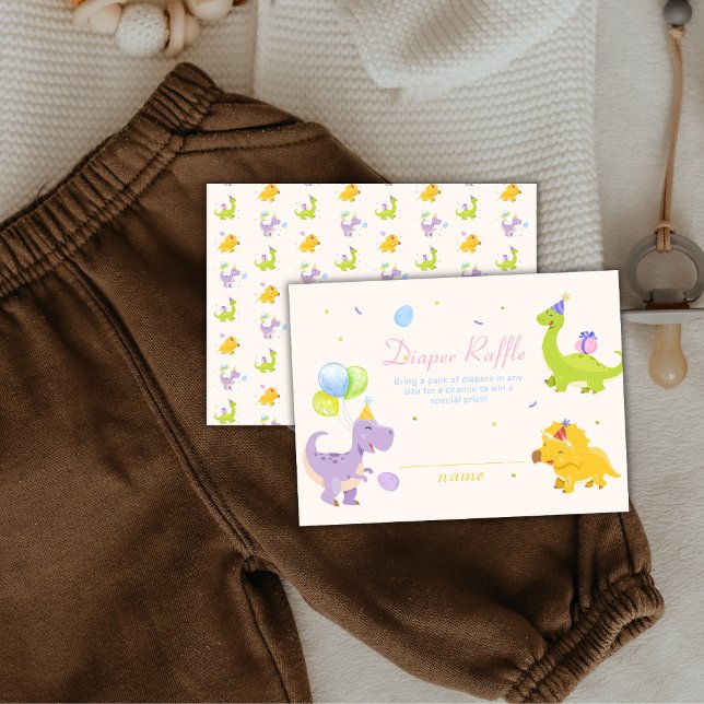 Convite de Churrasco de Bebê Balão de Dinossauro T (Trex Dinosaur Balloon Diaper Raffle Baby Shower Enclosure Card)