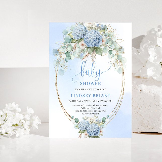 Convite de Churrasco de Bebê Boho Blue Hydrangea e (Boho Blue Hydrangea Baby Shower Gold Invitation)