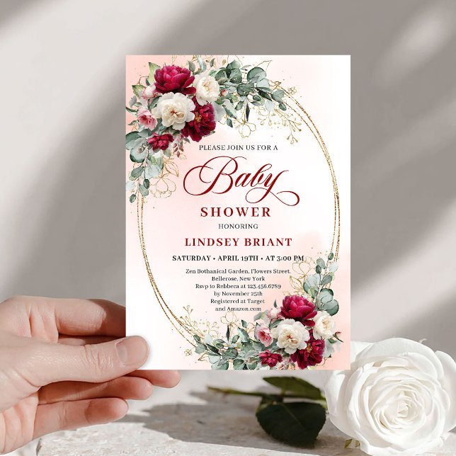 Convite de Churrasco de Bebê Burgundy Boho Elegant (Elegant Boho Burgundy Gold Baby Shower Invitation)